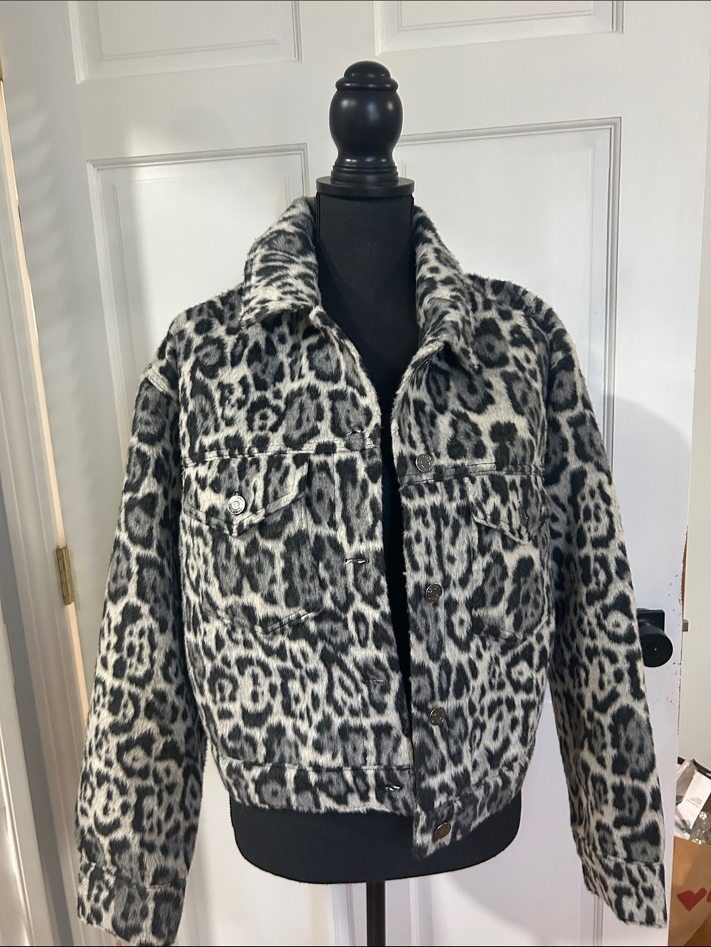 GAP Black & White Leopard Print Faux Fur Jean Jacket